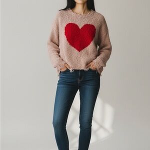 POL Textured Knit Sweater in Tan with a Red Heart